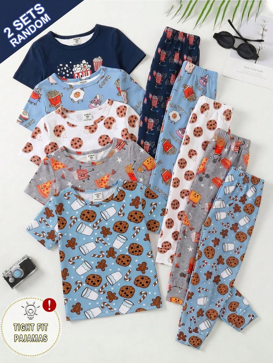 SHEIN 2套随机男童春夏时尚卡通汉堡王和可爱饼干/零食元素印花柔软针织面料舒适短袖紧身裤睡衣家居服 - 彩色 - 查看 1