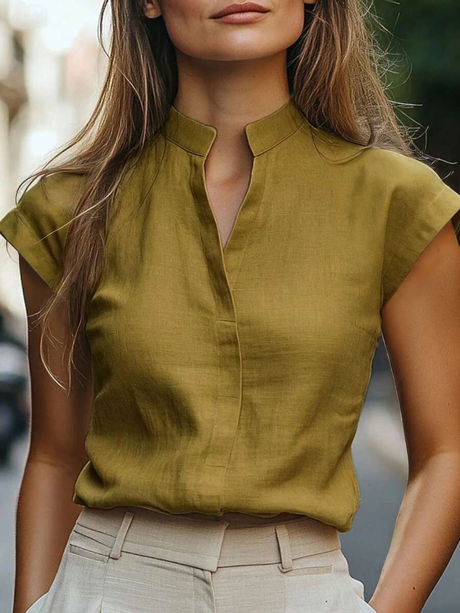 SHEIN LUNE 女款夏季休閒百搭純色襯衫 - 芥末黃 - 查看 1