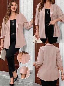 Miaspire Plus Size Spring/Autumn New Women's OL Minimalist Personalized Blazer Jacket With Leather Patchwork - Pink - View 1