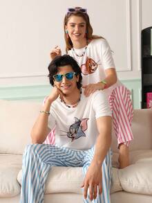 Chillnights TOM & JERRY X SHEIN Men's Cartoon Print Short Sleeve Top And Striped Long Pants Casual Daily Home Wear Set - Blue - View 3