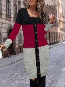 EMERY ROSE Cárdigan casual de bloques de color y patchwork para otoño/invierno - Multicolor - Ver 5
