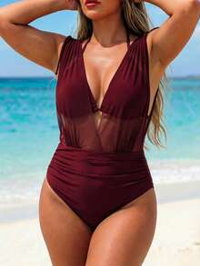 SHEIN Swim 2026新款大尺碼紅色網紗深V露背三角杯掛脖綁帶內搭上衣配高腰下擺休閒優雅連身泳衣女款 - 紫色 - 查看 4
