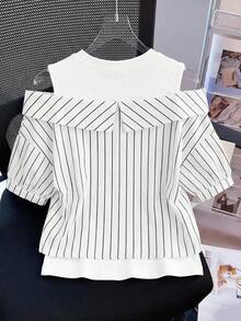Tween Girl Striped Off-Shoulder Short Sleeve Casual Shirt,Back-To-School Girls Clothing - White - View 3