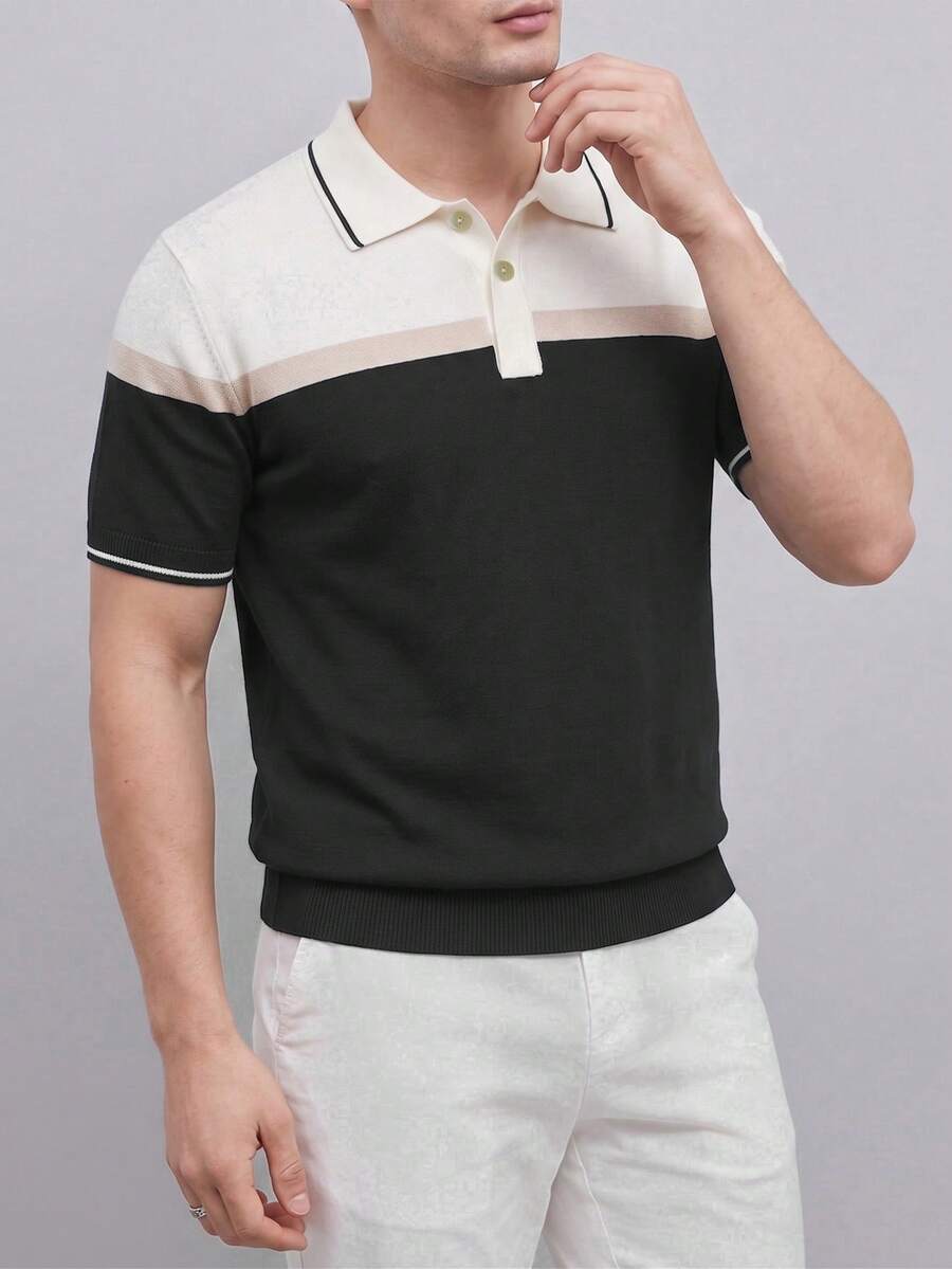 Airaco 男士修身短袖拼色條紋針織 Polo 衫 - 彩色 - 查看 1