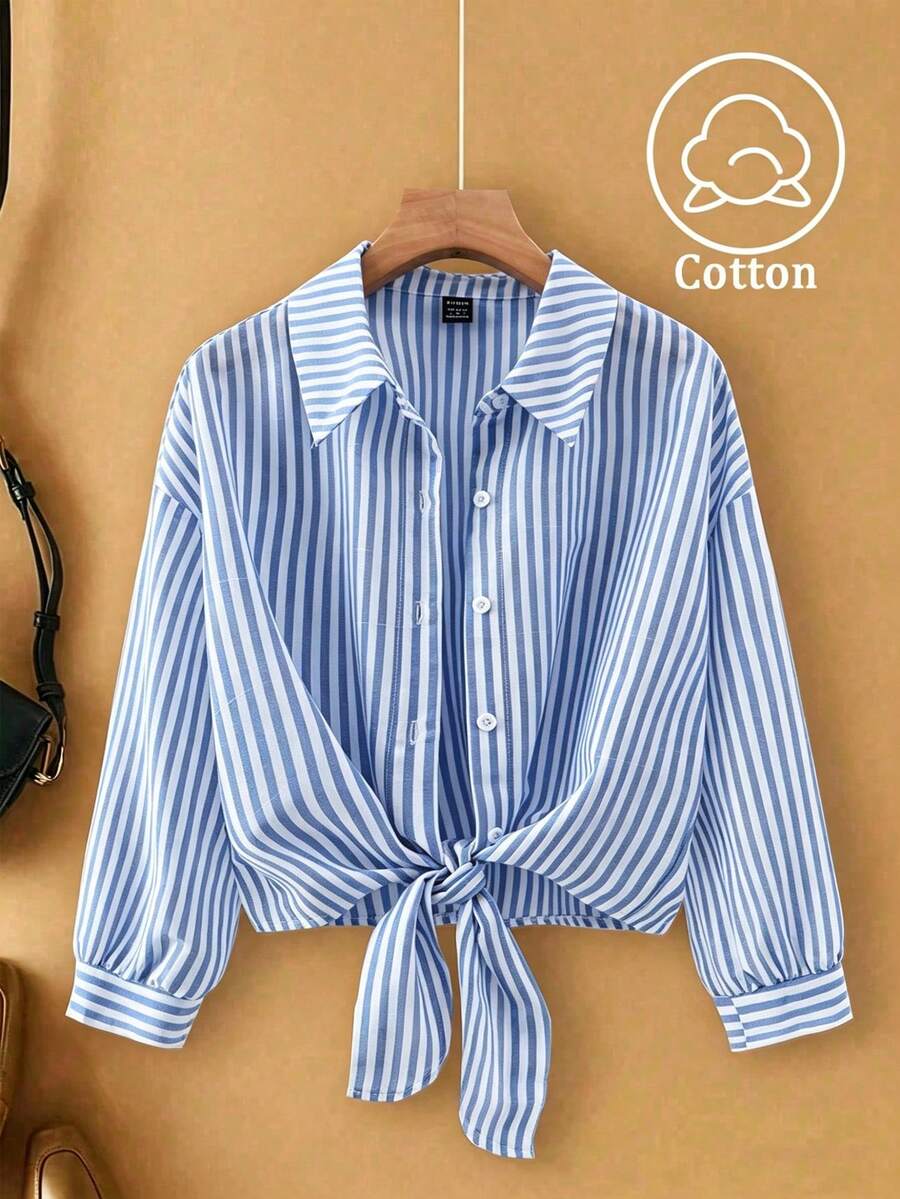 SHEIN Franclia 法式優雅編織翻領長袖綁帶開襟條紋女款襯衫，秋季新品 - 藍色 - 查看 1