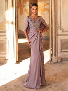 Aureia Vestido Elegante com Renda Bordada & Patchwork de Lantejoulas, Manga de Babado Elástica de Cetim, Bainha Sereia, Azul Acinzentado, Inverno, Elegante, Formal, Noite, Casamento Formal - Rosa empoeirado - Visão 8
