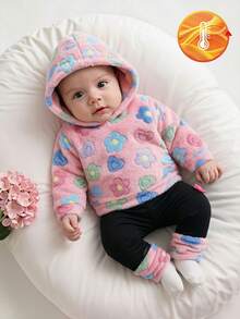 SHEIN Playful Pals 2件組女嬰冬季新款粉色花卉毛絨長袖連帽衛衣 3D花朵裝飾修身長褲 毛茸茸袖口 牛仔女孩運動套裝 - 粉色 - 查看 5