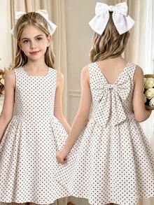 SHEIN Tween Girls 1pc Summer New Off-Shoulder Sleeveless Tank Top Polka Dot Print Back Small V Design Hidden Zipper Detachable Large Bow Large Hem Sides ... - Black and White - View 1