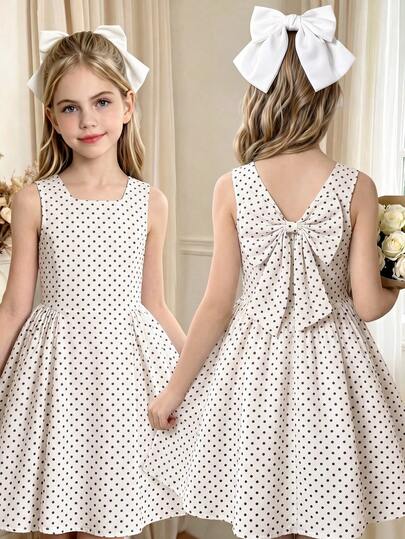 SHEIN Tween Girls 1pc Summer New Off-Shoulder Sleeveless Tank Top Polka Dot Print Back Small V Design Hidden Zipper Detachable Large Bow Large Hem Sides ...