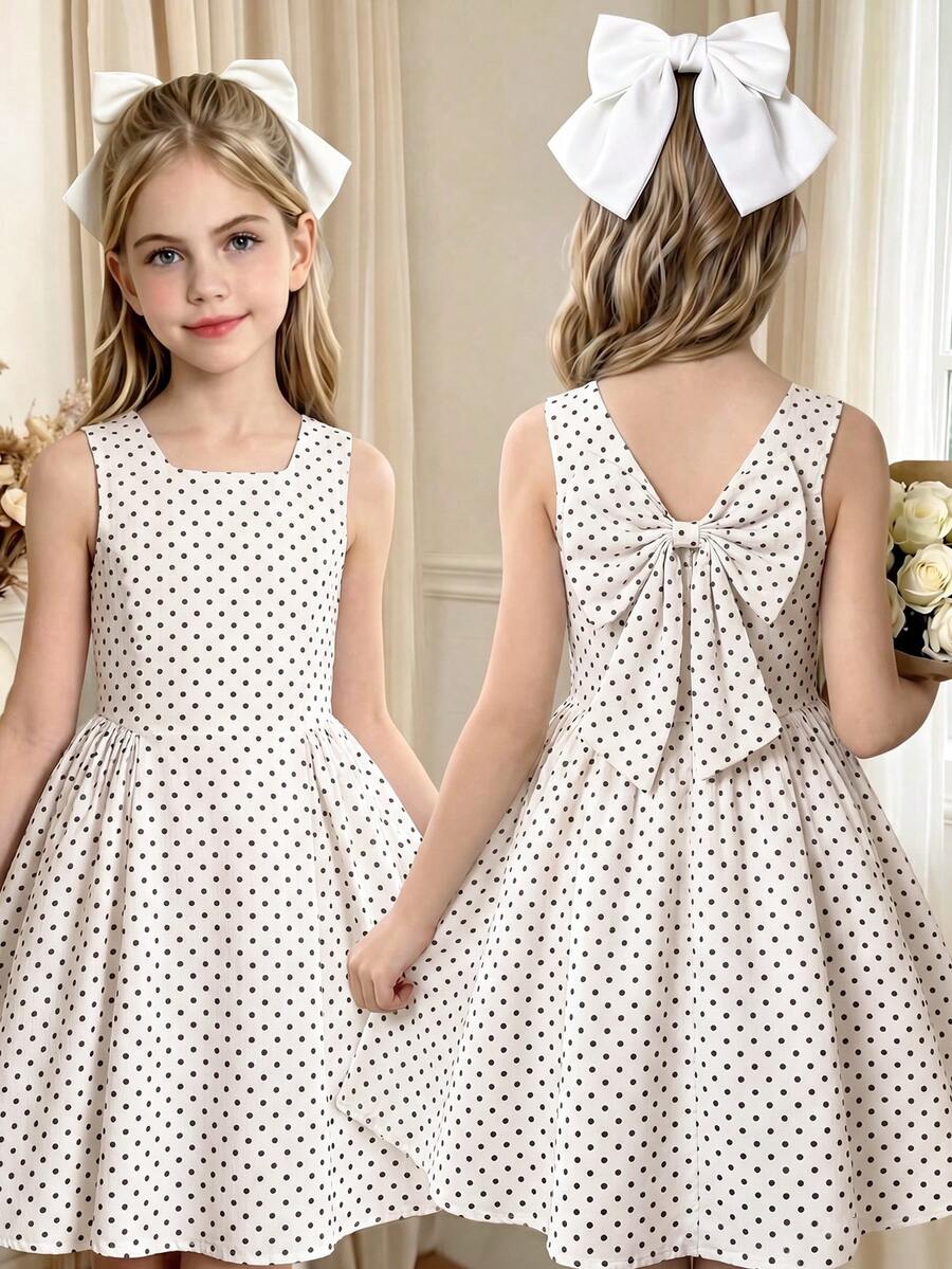 SHEIN Tween Girls 1pc Summer New Off-Shoulder Sleeveless Tank Top Polka Dot Print Back Small V Design Hidden Zipper Detachable Large Bow Large Hem Sides ... - Black and White - View 1