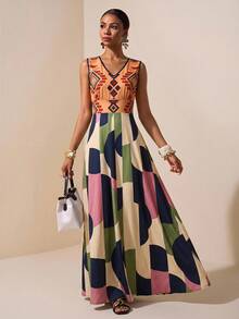 Zivah Neues Sommer Boho Urlaubs-Maxikleid für Damen, locker geschnitten, mehrfarbig mit geometrischem Retro-Muster, Rundhalsausschnitt, ärmellos, A-Linie, geeignet für Alltag, Urlaub, Musikfestivals, Reisen, Strand, Party, Flughafen-Outfits, Brunch-Outfits, Boho, Nomadisch, Casual, Pendeln, Abschlussfeier-Outfit, Country-Konzert-Outfit-Z - Verschiedenfarbig - Übersicht 5