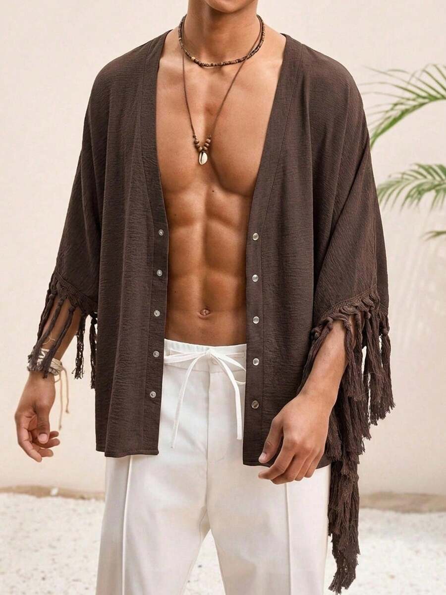 HIMLAND 男士素色流蘇裝飾蝙蝠袖襯衫 - 彩色 - 查看 1