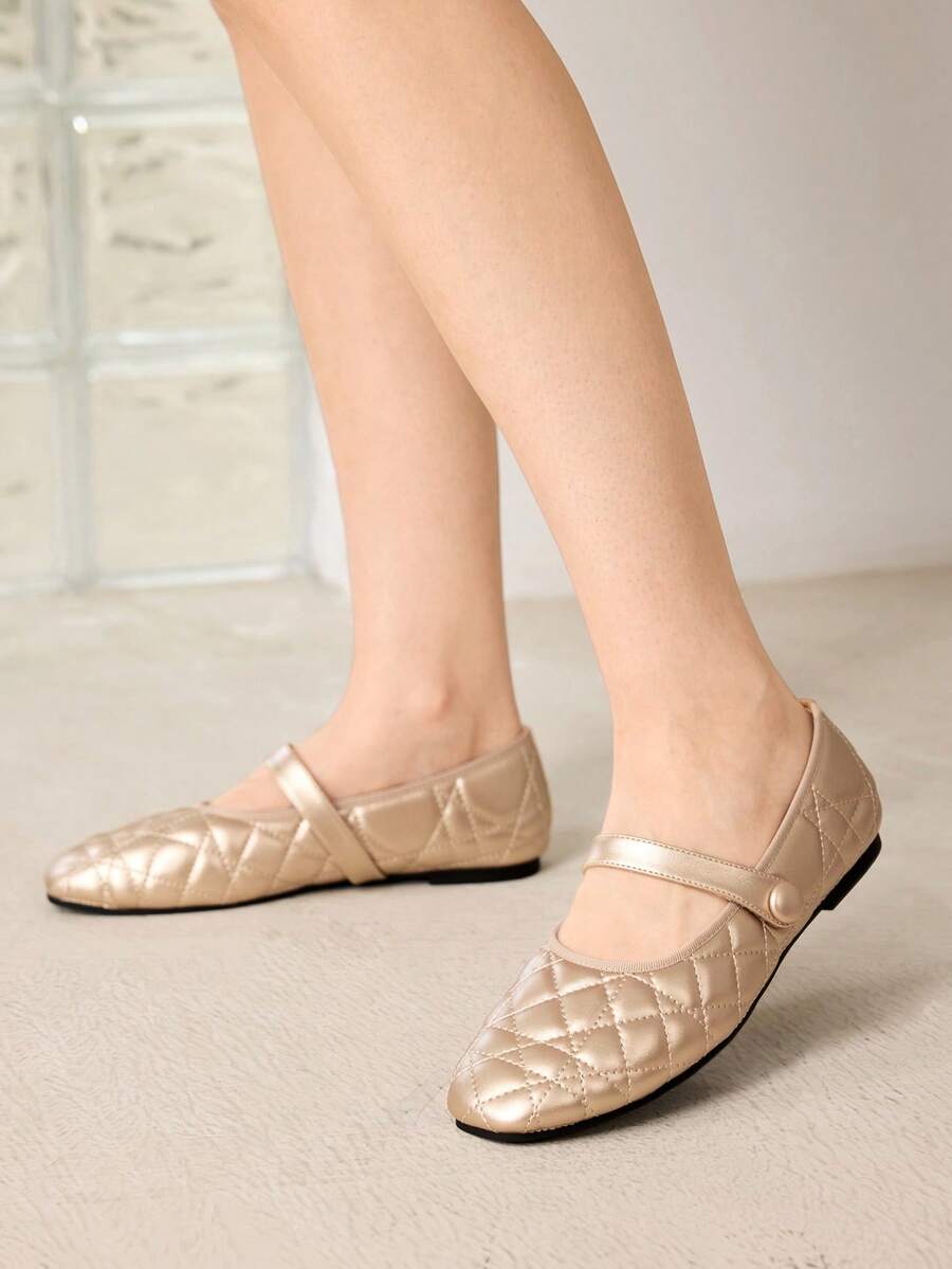 MOTF WOMEN'S QUILTED SQUARE TOE FLAT SHOES FOR CHRISTMAS DAILY WEAR CLASSIC OLD MONEY - Gold - View 2