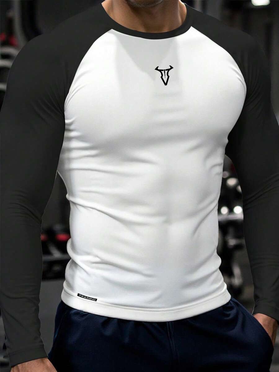 GymBeat 男士撞色印花圆领黑白长袖运动T恤,适合健身、跑步、运动,秋季透气修身,轻薄舒适。 - 黑與白 - 查看 1