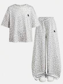 SHEIN Tween女孩休閒日常寬鬆時尚圓領豹紋與小馬圖案T恤長褲套裝 - 灰色 - 查看 7