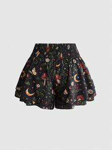 ROMWE Fairycore Dark Hippie Vacation Style Floral Print Plus Size Women's Ruffle Hem A-Line Skort With Elastic Waist - Multicolor - View 2