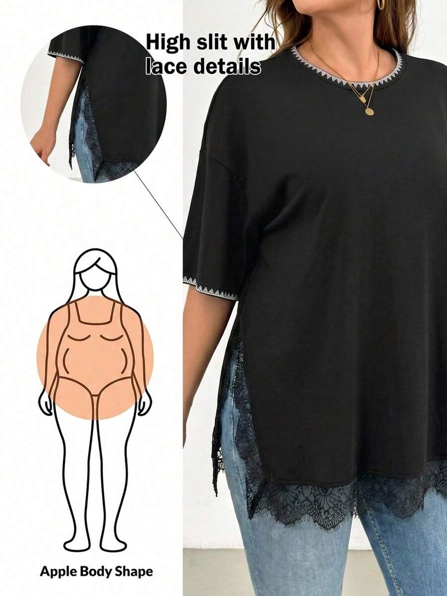 SHEIN Essnce 大尺碼女款蕾絲拼接開衩下擺短袖T恤 - 黑色 - 查看 1