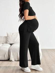 SHEIN 孕婦純色圓領側開衩T恤與可調腰圍長褲休閒兩件套 - 黑色 - 查看 5