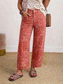 EMERY ROSE Plus Size Women's Pocket Button All-Over Print Casual Versatile Daily Travel Denim Jeans - Red - View 1