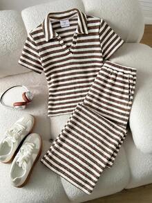 SHEIN 青少年女孩春夏季百搭簡約學院風V領短袖縮腰修身短版 Polo 恤與長褲兩件套開學穿搭 - 彩色 - 查看 7