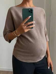Dazy Maternity Sweater Hamil Lengan Pendek Kasual Warna Polos Longgar untuk Pemakaian Sehari-hari di Awal Musim Gugur - Khaki - View 6