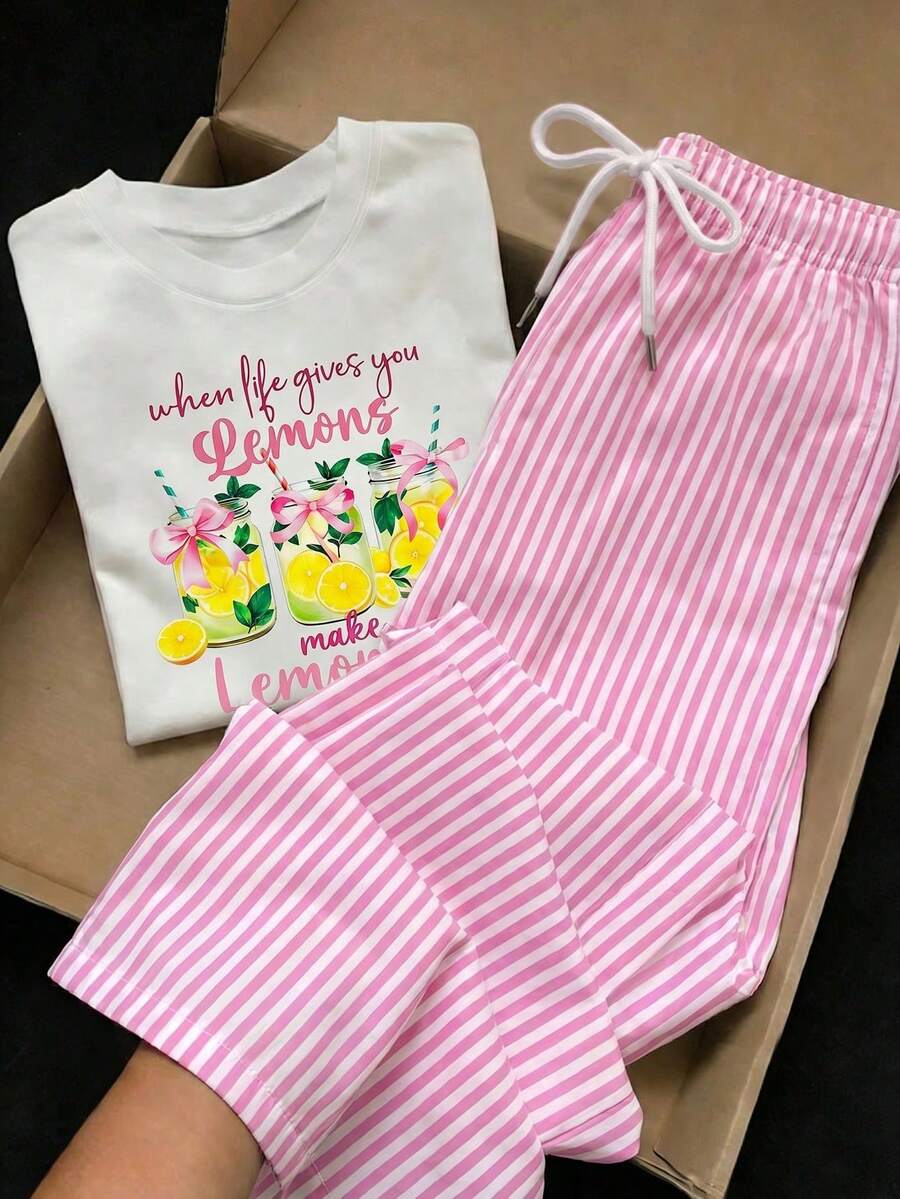 Comfortcana 2件組刺繡圓領短袖上衣與條紋印花長褲,休閒風 - 彩色 - 查看 1