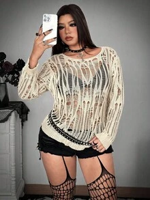Whyspr 薄款龐克風蜘蛛網鏤空經典百搭啞鈴領套頭長袖針織衫 - 杏色 - 查看 7
