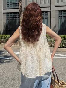FRIFUL 女款蕾絲休閒百搭日常穿著夏季可愛上衣 - 米色 - 查看 2