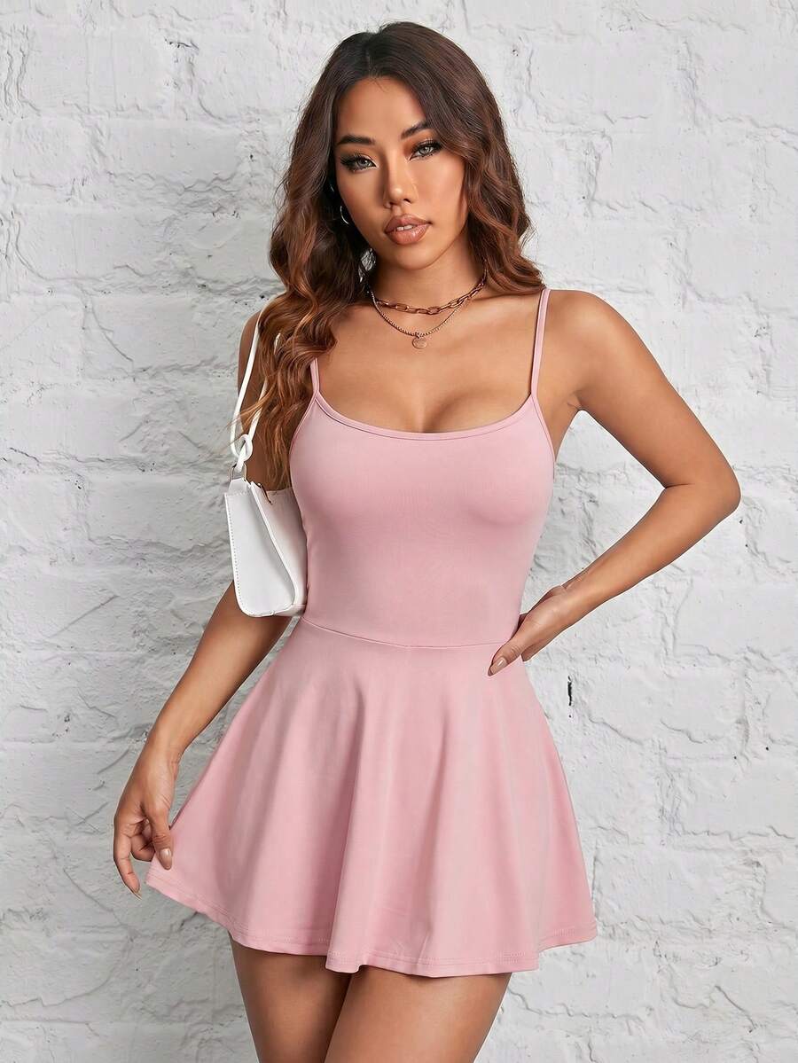 SHEIN PETITE 女款細肩帶A字下擺純色可收納運動休閒日常防走光連身寬褲 - 粉色 - 查看 1