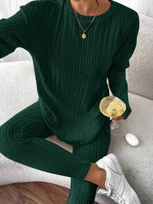 SHEIN Frenchy Drop Shoulder Ribbed Knit Tee & Leggings Textured Fabric Two Pieces - Olive Green - View 4