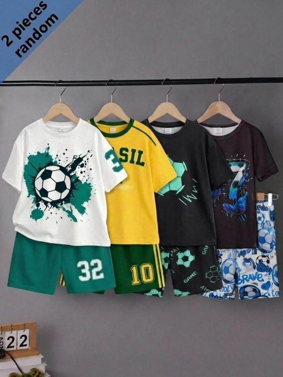 青少年男孩夏季足球運動潑墨印花簡約休閒短袖T恤與短褲 2件組 寬鬆舒適居家睡衣套裝 - 彩色 - 查看 1