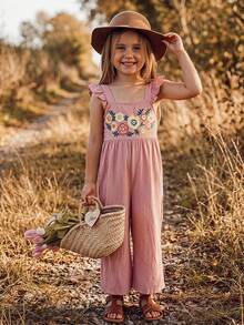 SHEIN Kids Young Girl Woven Floral Print Ruffle Strap Casual Jumpsuit - Pink - View 13