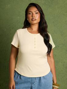 FASHION SZN 大尺碼鈕扣裝飾休閒簡約羅紋短版T恤 日常必備日常穿著 機場舒適旅行穿著 上班約會時裝週上衣 夏季 - 淡黃色 - 查看 3