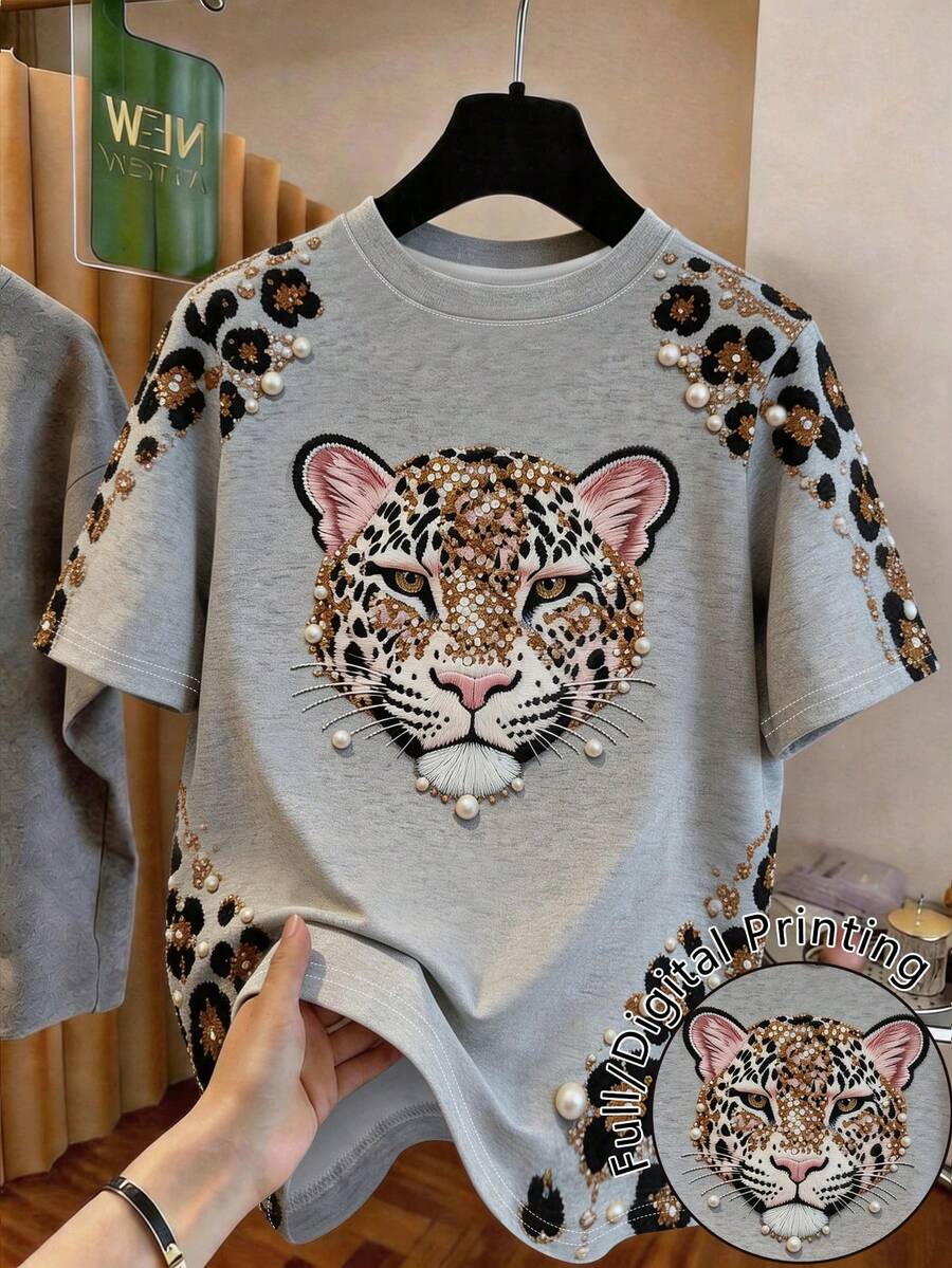 SHEIN Sparklyn 青少年女孩T恤,女童上衣,仿刺繡、仿串珠與仿豹紋印花,灰色寬鬆版型T恤,秋季穿搭,可愛,返校季 - 彩色 - 查看 1