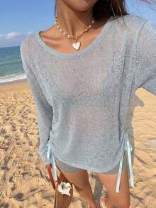 DAZY Women's Vacation Beach Side Drawstring Backless Cover-Up Summer - Blue - View 4