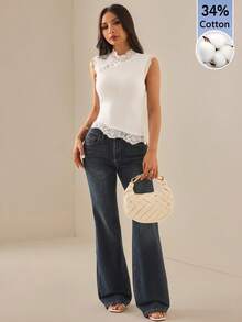 SHEIN PETITE 女款蕾絲拼接修身休閒日常上衣，適合嬌小女性 - 白色 - 查看 14
