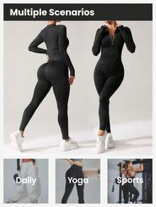 Sirith Seamless High Stretch Ribbed Sand Wash Sports Jumpsuit - Black - View 4