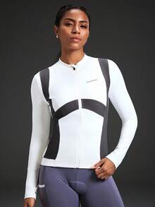 Powerista  Women's Letter Print Contrast Color Zipper Collar Long Sleeve Cycling Jersey White Workout Jacket Long Sleeve Zip Up Rashgaurd Women Compression Long Sleeve Women Rashguard Swimsuit Women Cycling Clothes Women Active Comfy Workout Gym Running Run Clubpadel, Tennis, Pickleball Yoga Pilates Fitness Daily Casual  Summer All Season - White - View 7