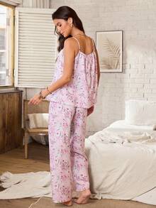 Serenescape Conjunto de pijama para mujer con camisola de lazo delantero y estampado floral pequeño & pantalones largos - Multicolor - Ver 2