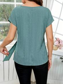 SHEIN Clasi Damen Bluse in Unifarbe mit Rundhalsausschnitt und Knoten-Design, lässig und vielseitig für den Alltag und Ausflüge - Grün - Übersicht 2