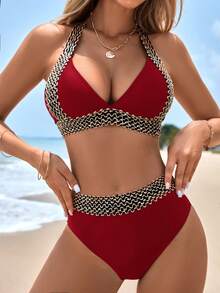 Swim Lushoire Women's Summer Beach Vacation Halter Neck Tie Strap Sexy Fashion Bikini Two-Piece Swimsuit Set Black - Burgundy - View 3