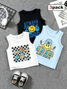 SHEIN Playful Pals 3件組 嬰兒臉部字母印花圓領休閒背心上衣 夏季，男嬰背心上衣，嬰兒夏季背心上衣，嬰兒T恤，男嬰臉部背心上衣，幼兒背心上衣，男嬰上衣 3件組 - 彩色 - 查看 7
