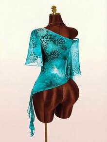 Amplova Leopard Print Asymmetrical Shoulder Ruffle Trim Women's Autumn Top T-Shirt Party Club Black And White Leopard Print Sexy - Blue - View 3