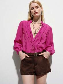Aveloria Modichic Olive Green Pleated Women's Blouse, Lightweight Linen-Like Fabric, Layered Ruffle Design, Puff Sleeve, Vintage French Style, Loose Fit, Romantic Vacation, Ruffle Blouse, Statement Sleeve, Quiet Luxury, Romantic Core, Vintage Revival, Suitable For Commuting, Casual, Dating, Urban Street Style, Versatile For Multiple Occasions - Hot Pink - View 7