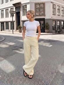 Sinnesro Women's Long Black And White Striped, High-Quality Texture, Street Style Casual, Elegant Suitable For Outings Vacation Autumn - Yellow - View 5