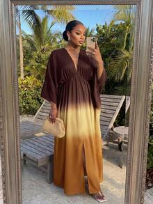 SHEIN Lady CURVE Plus Size Women's Colorblock Batwing Sleeve Split Hem Loose Dress Fall - Brown - View 6