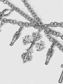 ROMWE Goth 1 Piece Women's Dark Style Chain Belt With Bat, Skull And Cross Motifs In Black - Silver multi-layer waist chain on both sides - View 3