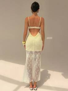 Glamine Women's Lace Patchwork Backless Spaghetti Strap Dress Vacation Light Yellow Summer Elegant - Butter Yellow - View 2