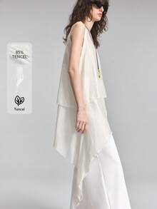 Ontre Top de mujer cómodo y agradable al tacto de mezcla premium de lyocell y tencel, ajuste ceñido, cuello en U pequeño, tirantes anchos, sin mangas, diseño de doble capa con dobladillo asimétrico, dobladillo fluido, estilo moderno urbano business casual para oficina, uso diario, de alta calidad, atuendo de aeropuerto, casual discreto, estilo old money, sofisticado para crucero, minimalista del Medio Oriente, lujo silencioso, textura esencial, versátil para todas las estaciones, serie minimalista - Blanco - Ver 1