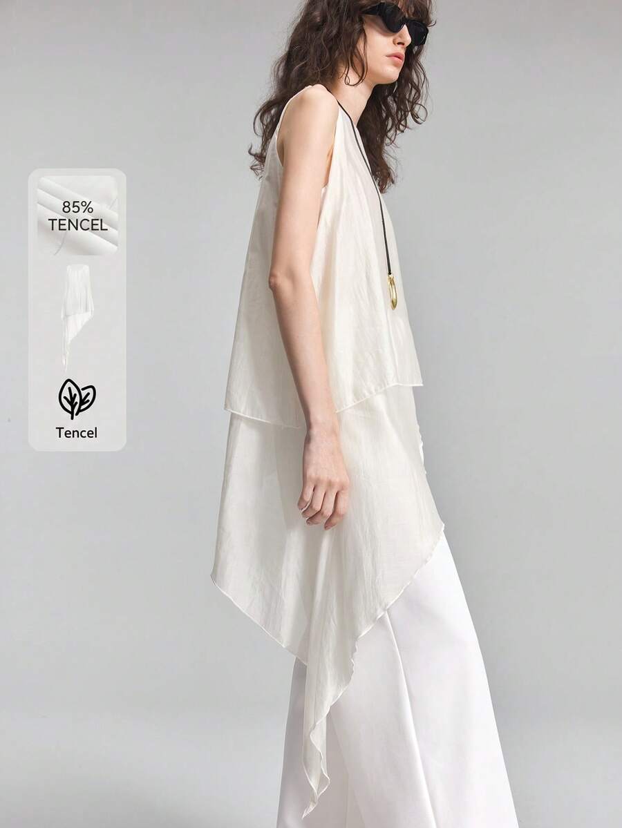 Ontre Top de mujer cómodo y agradable al tacto de mezcla premium de lyocell y tencel, ajuste ceñido, cuello en U pequeño, tirantes anchos, sin mangas, diseño de doble capa con dobladillo asimétrico, dobladillo fluido, estilo moderno urbano business casual para oficina, uso diario, de alta calidad, atuendo de aeropuerto, casual discreto, estilo old money, sofisticado para crucero, minimalista del Medio Oriente, lujo silencioso, textura esencial, versátil para todas las estaciones, serie minimalista - Blanco - Ver 1